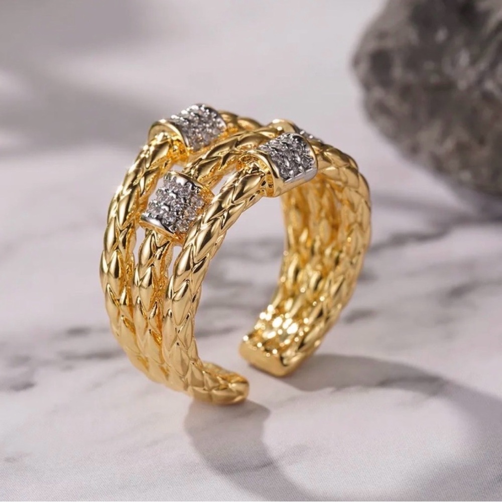 Braided Double-Row Cuff Ring with Pavé Accents